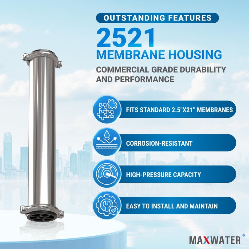 Max Water 2.5 x 21 RO Membrane Housing, Heavy Duty 304 Stainless Steel Pressure Vessel, 2521 Commercial Reverse Osmosis, 250 PSI, 3/8" NPTF Ports, With Complete Installation Set - Image 5